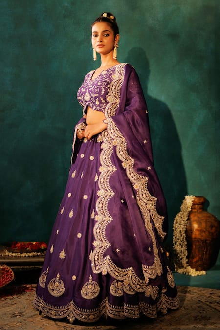 Shop Vinita Bhansali Purple , Organza Sequins, Zari Chaand Sunhera Lehenga Set Online at Aza Fashions Shop_Vinita Bhansali_Purple , Organza Sequins, Zari Chaand Sunhera Lehenga Set _Online_at_Aza_Fashions