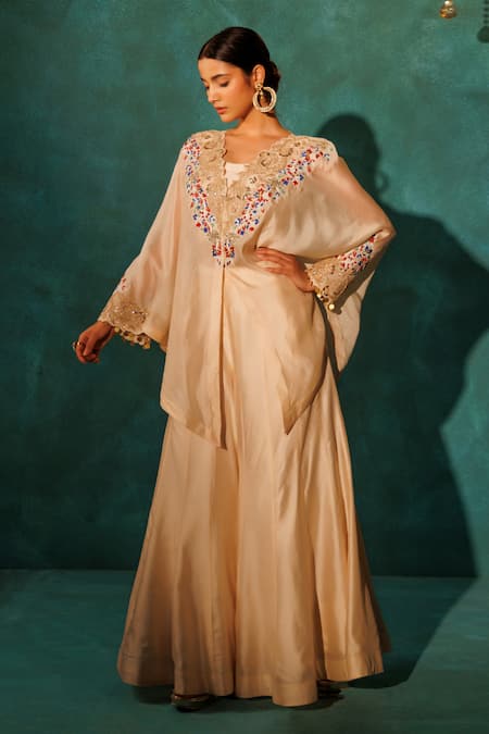 Vinita Bhansali_Cream Silk Embroidery Round Neck Chandani Chic Cape Set _at_Aza_Fashions