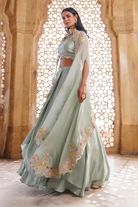 Vinita Bhansali_Green Silk, Crepe Zari, Embroidery Round Neck Cascade Fusion Lehenga Set _Online_at_Aza_Fashions