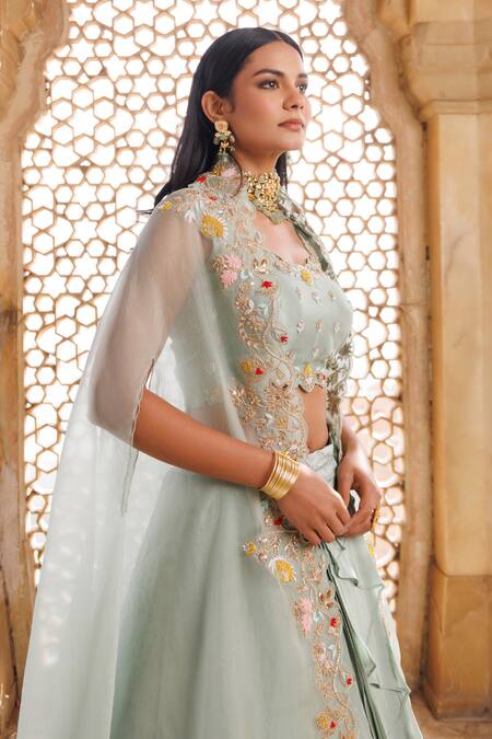 Buy_Vinita Bhansali_Green Silk, Crepe Zari, Embroidery Round Neck Cascade Fusion Lehenga Set _Online_at_Aza_Fashions