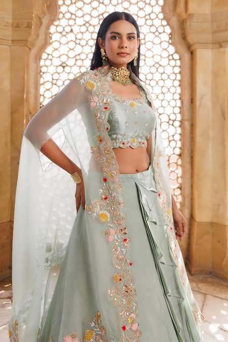 Shop_Vinita Bhansali_Green Silk, Crepe Zari, Embroidery Round Neck Cascade Fusion Lehenga Set _Online_at_Aza_Fashions
