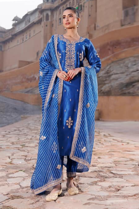 Vinita Bhansali Blue Silk, Organza Embroidery Round Neck Hand Regal Kurta Set 
