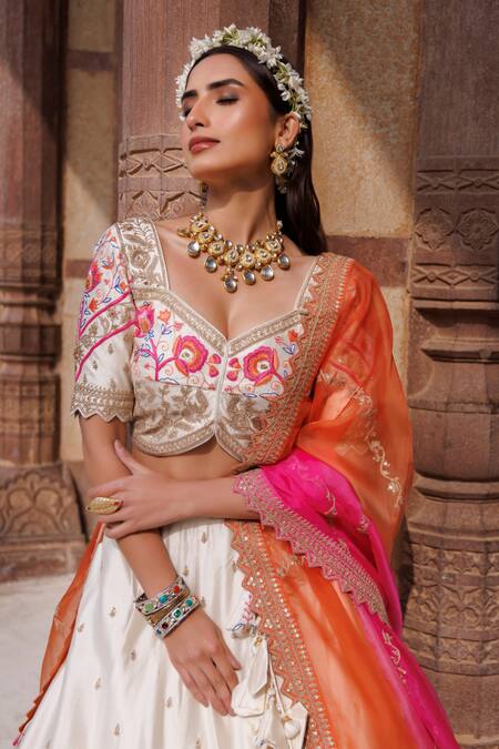 Vinita Bhansali_Cream Silk, Chiffon Tassels, Embroidery Sweetheart Designer Lehenga Set With _at_Aza_Fashions