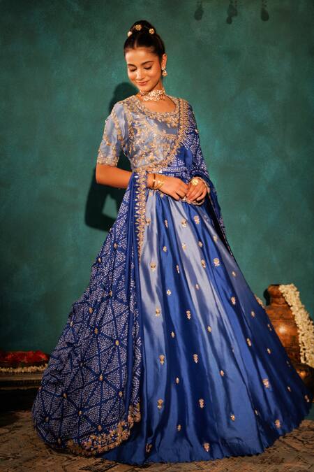 Buy_Vinita Bhansali_Blue Silk Embroidery Floral Lehenga Set _Online_at_Aza_Fashions