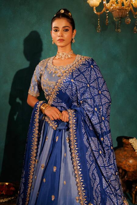 Shop_Vinita Bhansali_Blue Silk Embroidery Floral Lehenga Set _Online_at_Aza_Fashions