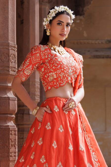 Buy_Vinita Bhansali_Orange , Organza Sequins, Zari, Embroidery Sunlit Symphony Lehenga Set _Online_at_Aza_Fashions