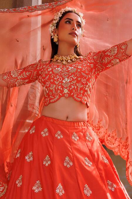 Buy_Vinita Bhansali_Orange , Organza Sequins, Zari, Embroidery Sunlit Symphony Lehenga Set 
