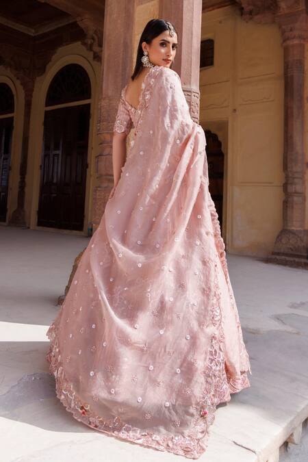 Shop_Vinita Bhansali_Rose Gold Silk Embroidery, Sequins V-neck Lehenga Set _at_Aza_Fashions