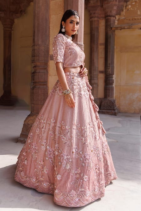 Buy_Vinita Bhansali_Rose Gold Silk Embroidery, Sequins V-neck Lehenga Set _Online_at_Aza_Fashions