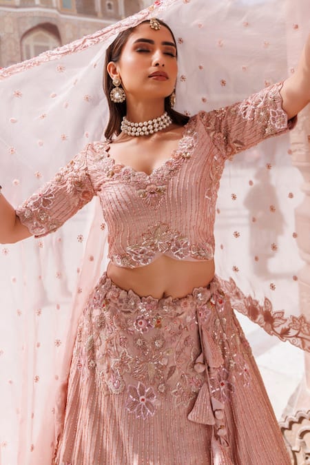 Shop_Vinita Bhansali_Rose Gold Silk Embroidery, Sequins V-neck Lehenga Set _Online_at_Aza_Fashions