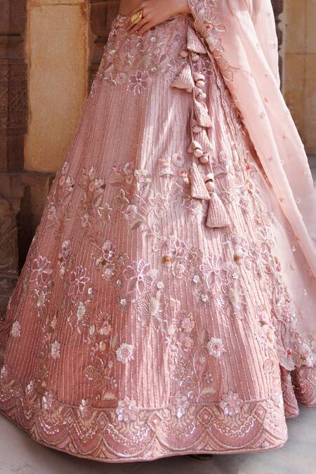 Vinita Bhansali_Rose Gold Silk Embroidery, Sequins V-neck Lehenga Set _at_Aza_Fashions
