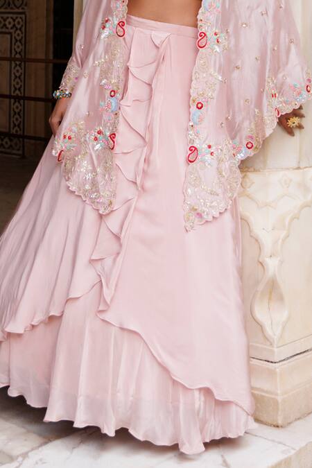 Vinita Bhansali_Pink Crepe, Silk Sequins, Zari, Embroidery Blush Fusion Lehenga Set With Cape_Online_at_Aza_Fashions
