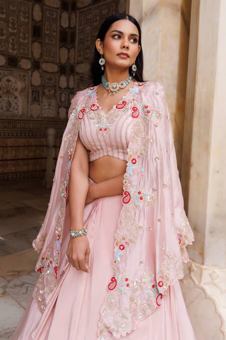 Shop_Vinita Bhansali_Pink Crepe, Silk Sequins, Zari, Embroidery Blush Fusion Lehenga Set With Cape_Online_at_Aza_Fashions