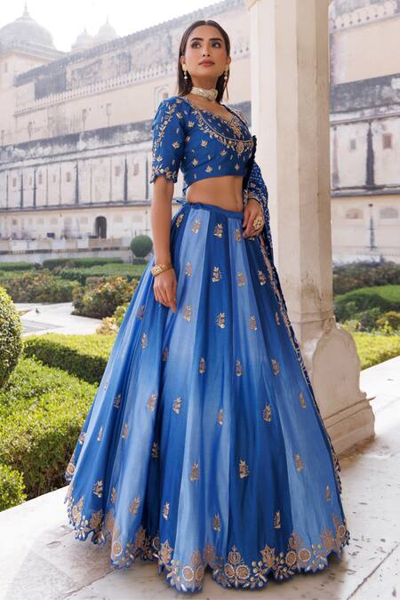 Vinita Bhansali_Blue Silk, Chiffon Embroidery, Zari Round Neck Nura Designer Lehenga Set _Online_at_Aza_Fashions