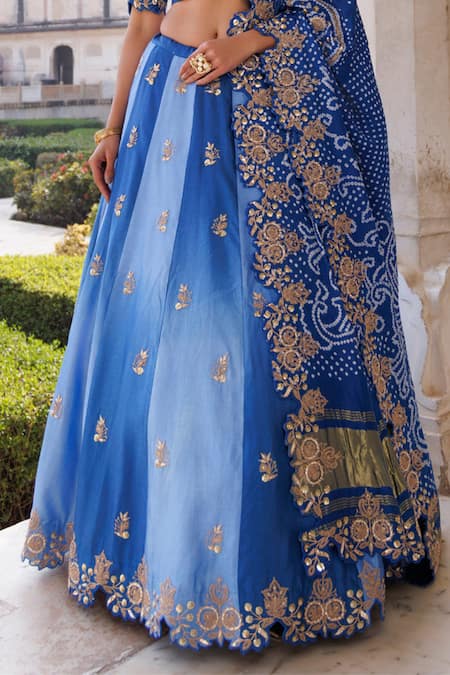 Buy_Vinita Bhansali_Blue Silk, Chiffon Embroidery, Zari Round Neck Nura Designer Lehenga Set _Online_at_Aza_Fashions
