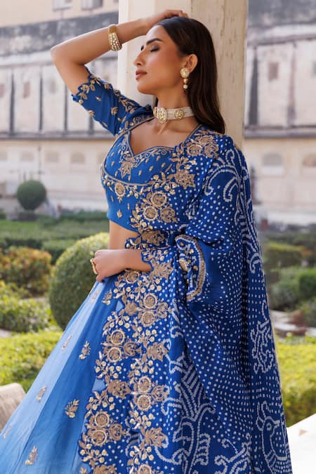 Shop_Vinita Bhansali_Blue Silk, Chiffon Embroidery, Zari Round Neck Nura Designer Lehenga Set _Online_at_Aza_Fashions