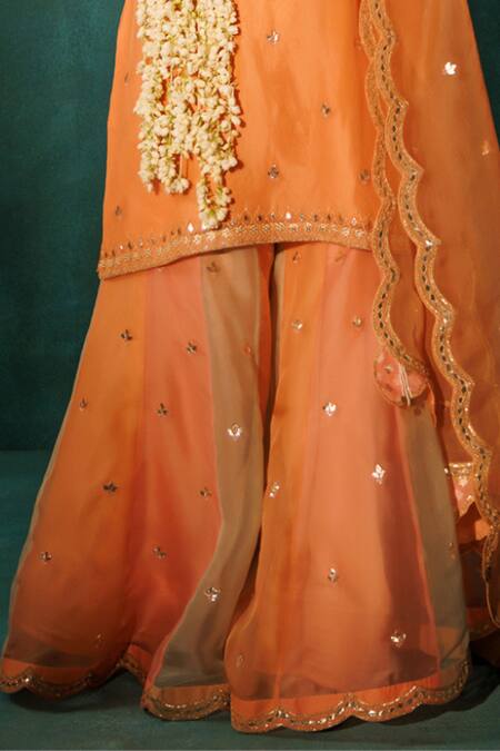 Vinita Bhansali Orange Satin, Silk Organza Embroidery, Pearls, Banarasi Applique Gharara Set Online at Aza Fashions Vinita Bhansali_Orange Satin, Silk Organza Embroidery, Pearls, Banarasi Applique Gharara Set _Online_at_Aza_Fashions