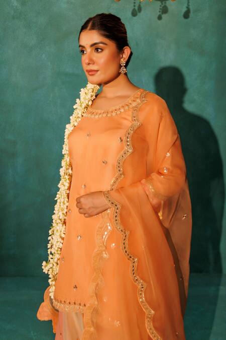 Buy Vinita Bhansali Orange Satin, Silk Organza Embroidery, Pearls, Banarasi Applique Gharara Set Online at Aza Fashions Buy_Vinita Bhansali_Orange Satin, Silk Organza Embroidery, Pearls, Banarasi Applique Gharara Set _Online_at_Aza_Fashions