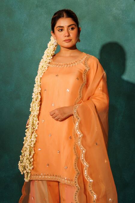 Shop Vinita Bhansali Orange Satin, Silk Organza Embroidery, Pearls, Banarasi Applique Gharara Set Online at Aza Fashions Shop_Vinita Bhansali_Orange Satin, Silk Organza Embroidery, Pearls, Banarasi Applique Gharara Set _Online_at_Aza_Fashions