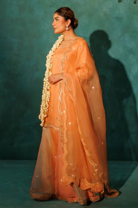 Vinita Bhansali Orange Satin, Silk Organza Embroidery, Pearls, Banarasi Applique Gharara Set at Aza Fashions Vinita Bhansali_Orange Satin, Silk Organza Embroidery, Pearls, Banarasi Applique Gharara Set _at_Aza_Fashions