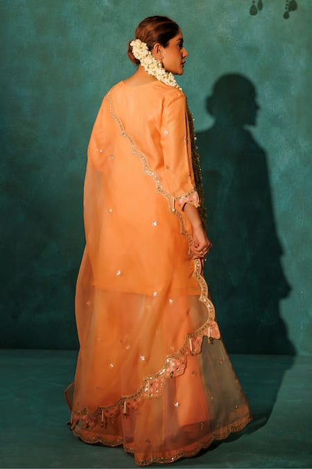 Shop Vinita Bhansali Orange Satin, Silk Organza Embroidery, Pearls, Banarasi Applique Gharara Set at Aza Fashions Shop_Vinita Bhansali_Orange Satin, Silk Organza Embroidery, Pearls, Banarasi Applique Gharara Set _at_Aza_Fashions