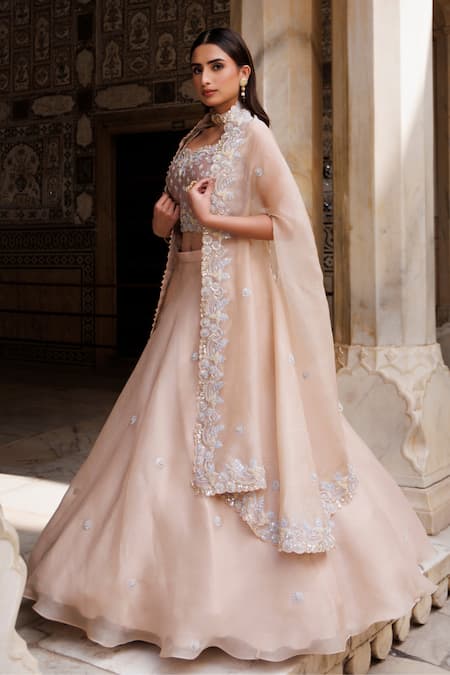 Shop_Vinita Bhansali_Gold Organza, Sequins, Zari Round Neck Gleam Cape Set _Online_at_Aza_Fashions