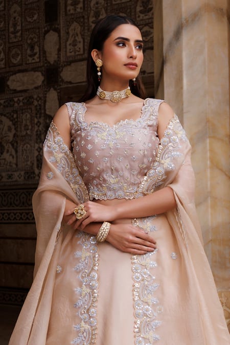 Vinita Bhansali_Gold Organza, Sequins, Zari Round Neck Gleam Cape Set _at_Aza_Fashions
