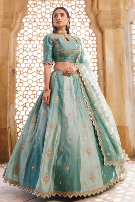 Buy_Vinita Bhansali_Green Silk, Chiffon, Satin Embroidery, Tassels, Zari Keyhole Charm Lehenga Set _Online_at_Aza_Fashions