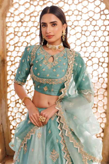 Shop_Vinita Bhansali_Green Silk, Chiffon, Satin Embroidery, Tassels, Zari Keyhole Charm Lehenga Set _Online_at_Aza_Fashions