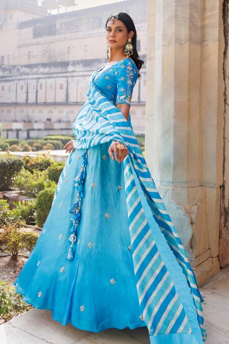 Buy_Vinita Bhansali_Blue Silk, Leather Tassels, Embroidery Round Neck Gahina Lehenga Set_Online_at_Aza_Fashions