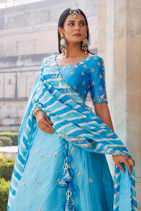 Shop_Vinita Bhansali_Blue Silk, Leather Tassels, Embroidery Round Neck Gahina Lehenga Set_Online_at_Aza_Fashions