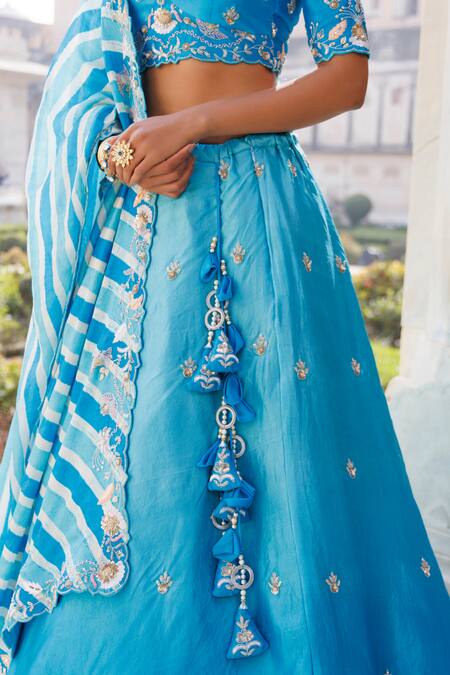 Vinita Bhansali_Blue Silk, Leather Tassels, Embroidery Round Neck Gahina Lehenga Set_at_Aza_Fashions