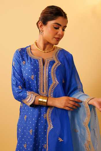 Shop_Vinita Bhansali_Blue , Organza Embroidery Round Neck Bandhani Suit Set _Online_at_Aza_Fashions