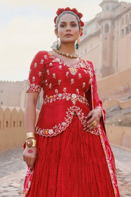 Vinita Bhansali_Red Silk, Chiffon Embroidery, Sequins, Zari Designer Noor Fusion Lehenga Set_Online_at_Aza_Fashions