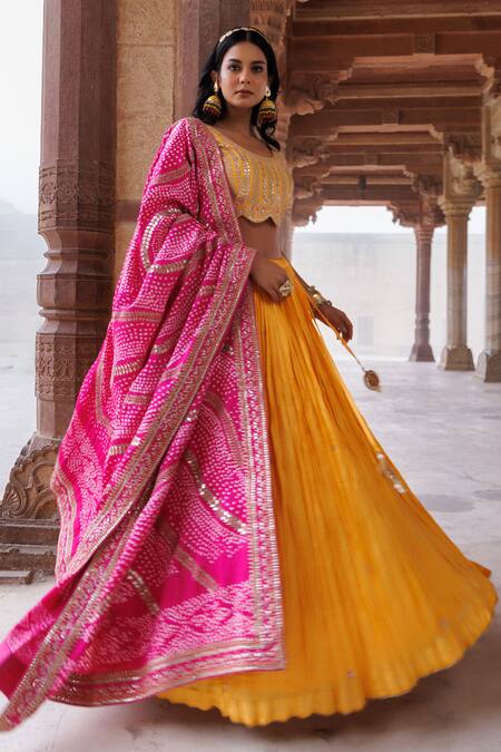 Vinita Bhansali_Yellow Silk, Chiffon Sequins, Embroidery, Mirrors Round Mira Fusion Lehenga Set_Online_at_Aza_Fashions
