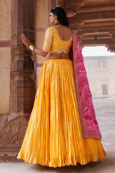 Shop_Vinita Bhansali_Yellow Silk, Chiffon Sequins, Embroidery, Mirrors Round Mira Fusion Lehenga Set_at_Aza_Fashions