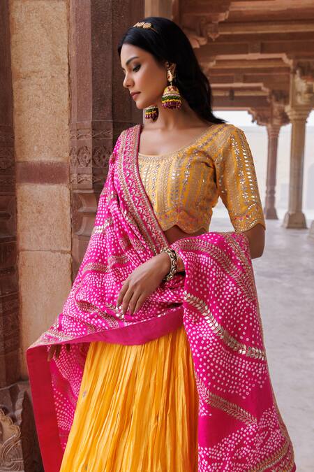 Buy_Vinita Bhansali_Yellow Silk, Chiffon Sequins, Embroidery, Mirrors Round Mira Fusion Lehenga Set_Online_at_Aza_Fashions