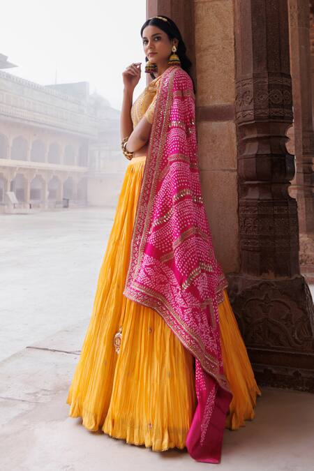 Shop_Vinita Bhansali_Yellow Silk, Chiffon Sequins, Embroidery, Mirrors Round Mira Fusion Lehenga Set_Online_at_Aza_Fashions