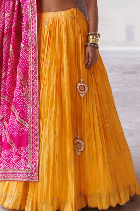 Vinita Bhansali_Yellow Silk, Chiffon Sequins, Embroidery, Mirrors Round Mira Fusion Lehenga Set_at_Aza_Fashions