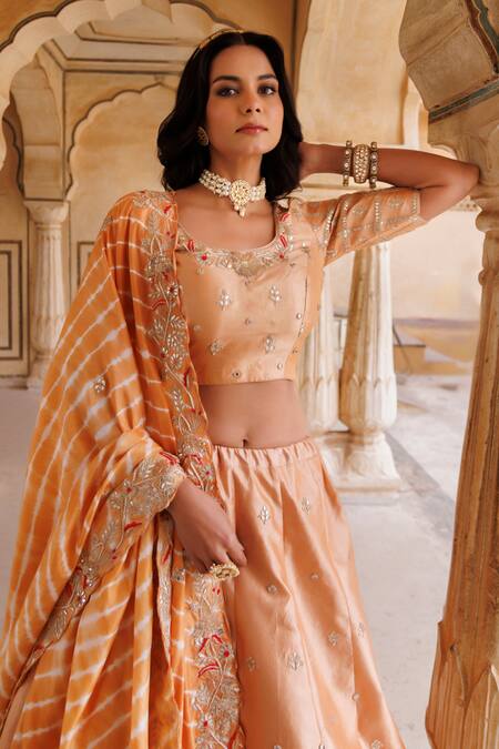 Vinita Bhansali_Orange Silk, Leather Embroidery, Sequins, Gota Rose Gold Mughal Jali Lehenga Set _Online_at_Aza_Fashions