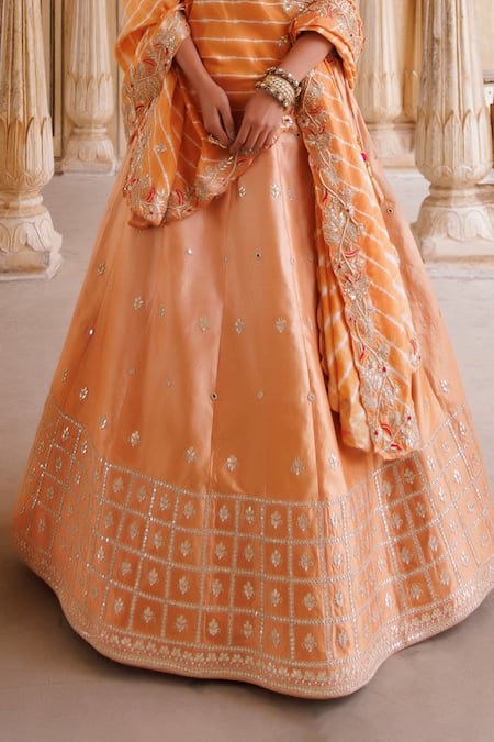 Buy_Vinita Bhansali_Orange Silk, Leather Embroidery, Sequins, Gota Rose Gold Mughal Jali Lehenga Set _Online_at_Aza_Fashions