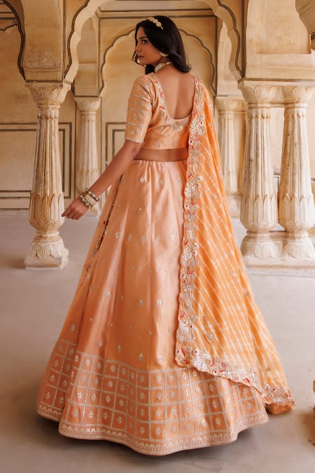 Shop_Vinita Bhansali_Orange Silk, Leather Embroidery, Sequins, Gota Rose Gold Mughal Jali Lehenga Set _at_Aza_Fashions