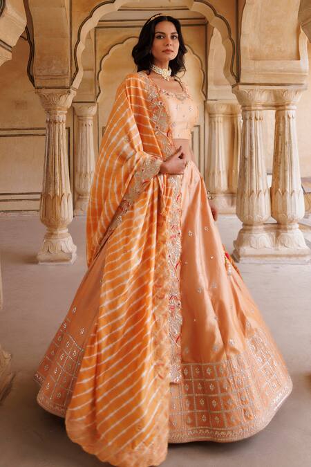 Shop_Vinita Bhansali_Orange Silk, Leather Embroidery, Sequins, Gota Rose Gold Mughal Jali Lehenga Set _Online_at_Aza_Fashions