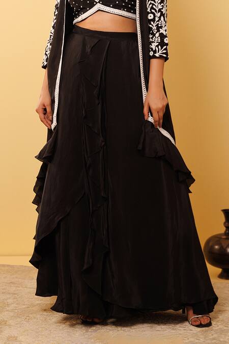 Vinita Bhansali Black Embroidery, Pearls Open Neck, Starlit Jacket Fusion Set Online at Aza Fashions Vinita Bhansali_Black Embroidery, Pearls Open Neck, Starlit Jacket Fusion Set_Online_at_Aza_Fashions