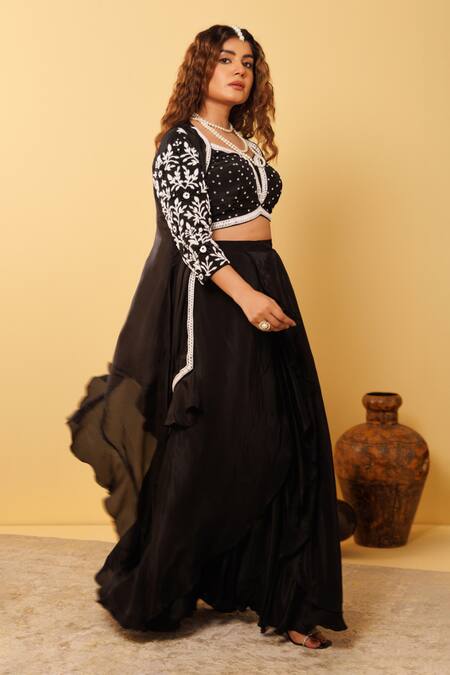 Buy Vinita Bhansali Black Embroidery, Pearls Open Neck, Starlit Jacket Fusion Set Online at Aza Fashions Buy_Vinita Bhansali_Black Embroidery, Pearls Open Neck, Starlit Jacket Fusion Set_Online_at_Aza_Fashions