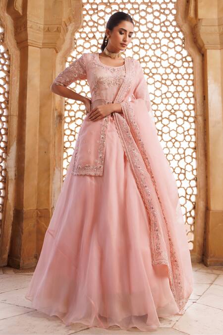 Shop Vinita Bhansali Pink Silk Organza Sequins, Cut Work, Embroidery Round Blush Naina Lehenga Set Online at Aza Fashions Shop_Vinita Bhansali_Pink Silk Organza Sequins, Cut Work, Embroidery Round Blush Naina Lehenga Set_Online_at_Aza_Fashions
