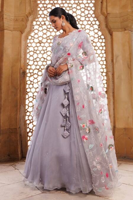 Buy Vinita Bhansali Purple Organza, Embroidery Round Kusha Floral Applique Lehenga Set Online at Aza Fashions Buy_Vinita Bhansali_Purple Organza, Embroidery Round Kusha Floral Applique Lehenga Set_Online_at_Aza_Fashions
