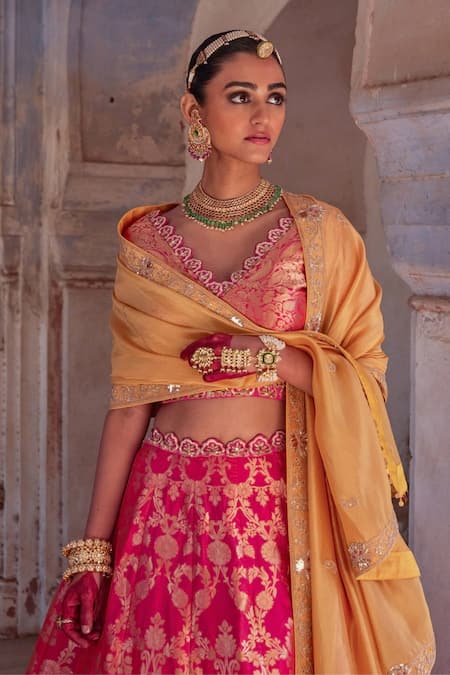 Vinita Bhansali Pink Silk Sequins, Zari, Embroidery V-neck Mayuri Banarasi Lehenga Set Online at Aza Fashions Vinita Bhansali_Pink Silk Sequins, Zari, Embroidery V-neck Mayuri Banarasi Lehenga Set _Online_at_Aza_Fashions