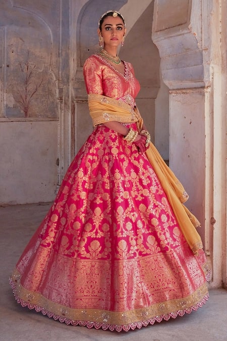 Shop Vinita Bhansali Pink Silk Sequins, Zari, Embroidery V-neck Mayuri Banarasi Lehenga Set Online at Aza Fashions Shop_Vinita Bhansali_Pink Silk Sequins, Zari, Embroidery V-neck Mayuri Banarasi Lehenga Set _Online_at_Aza_Fashions