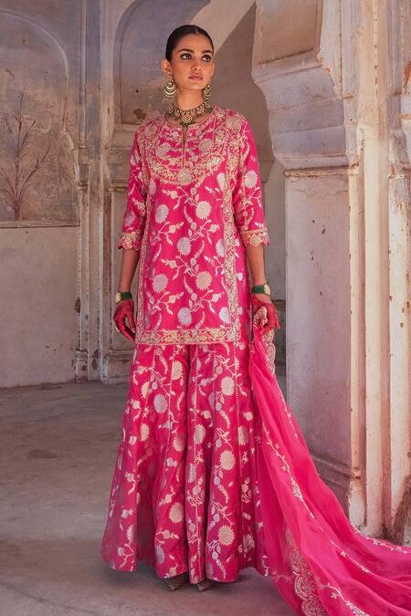 Shop Vinita Bhansali Pink , Organza Sequins Round Neck Gulabo Banarasi Gharara Set Online at Aza Fashions Shop_Vinita Bhansali_Pink , Organza Sequins Round Neck Gulabo Banarasi Gharara Set _Online_at_Aza_Fashions